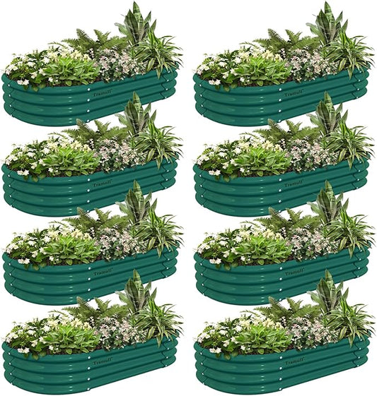 8 Pack 4x2x1FT Galvanized Raised Garden Bed Kit Oval Metal Ground Planter Box Outdoor Bottomless Planter Raised Beds for Vegetables Flowers Herbs Fruits, Green