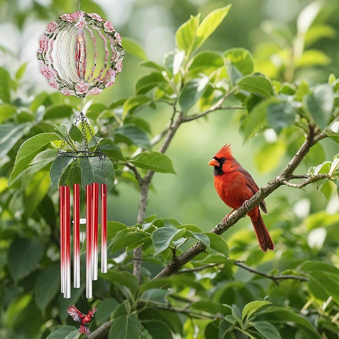 Red Cardinal Wind Chimes for Outside, 3D Wind Chimes with Wind Spinner, Outdoors Hanging Decor for Garden Porch Patio Backyard, Mothers Day Birthday Gifts for Women Mom Grandma