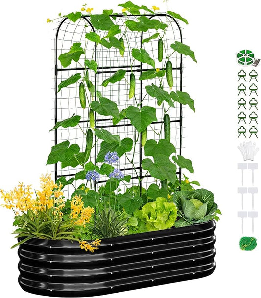 SUNYRISY Galvanized Raised Garden Bed with 71in Arch Trellis for Climbing Plants, Outdoor Planter Box with Climbing Net for Gardening Flowers Vegetables Fruits Herbs, Black