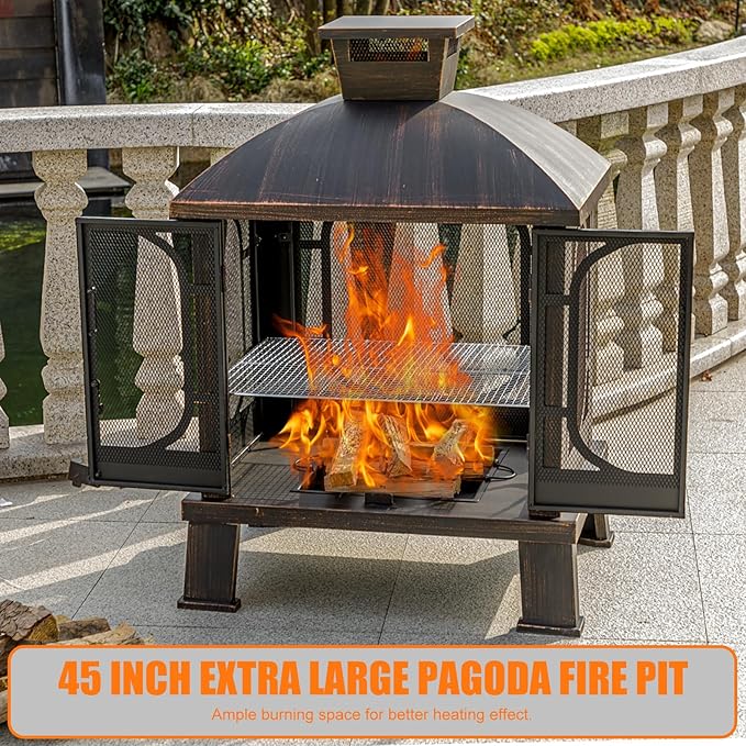 45" H×31''W Metal Chiminea Fire Pit with Grill, Wood Burning Fire Pits for Outside,Square Chimineas Fireplace with Mesh Spark Screen Door& Fire Poker for Garden,Yard,BBQ,Bonfire (Black&Gold)