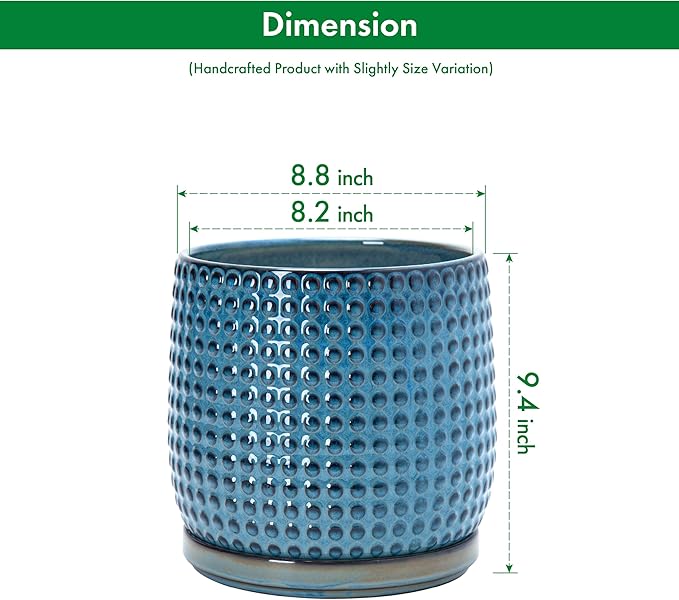 D'vine Dev 8 Inch Ceramic Beaded Stoneware Planter Pot - Flower Pot with Drainage Holes and Saucers for Indoor Succulent Plants or Flowers, Ocean Teal, 27-C-Q-8