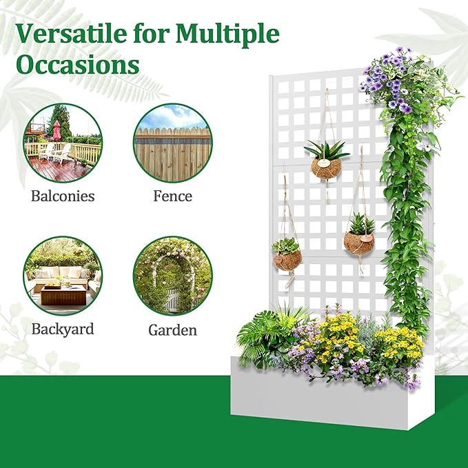 Metal Raised Garden Bed with Trellis, 2 in 1 Trellis with Planter Box & Privacy Screen for Climbing Plants, Vine, Outdoor Standing Flower Beds with Drainage Holes, 35.4" L x 16.7" W x 70.8" H, White