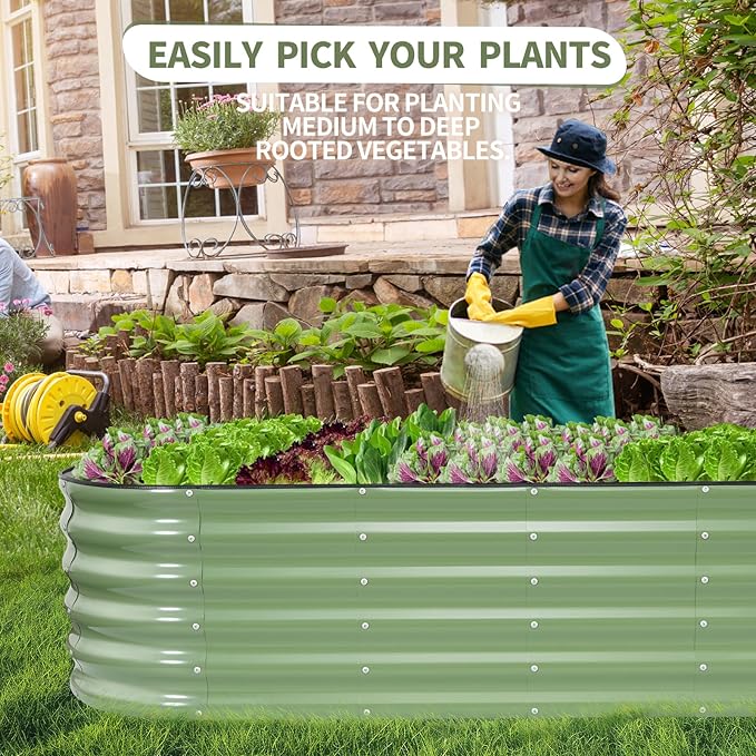 Permade Galvanized Raised Garden Bed - 8x2x1.4FT Metal Planter Boxes Outdoor | Oval Steel Raised Bed Kit for Gardening with Protective Tape, Bracing Rods, Gloves for Vegetables, Flower, Herb (Green)