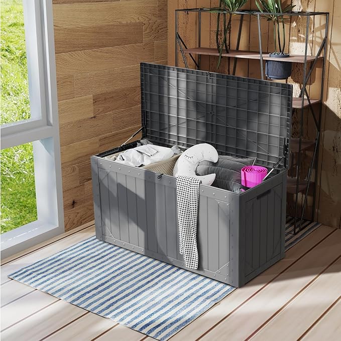 Yardgrace 110 Gallon Resin Deck Box Waterproof Outdoor Storage Box for Patio Furniture Pool Accessories Indoor Storage for Cushion Garden Tools, Gray