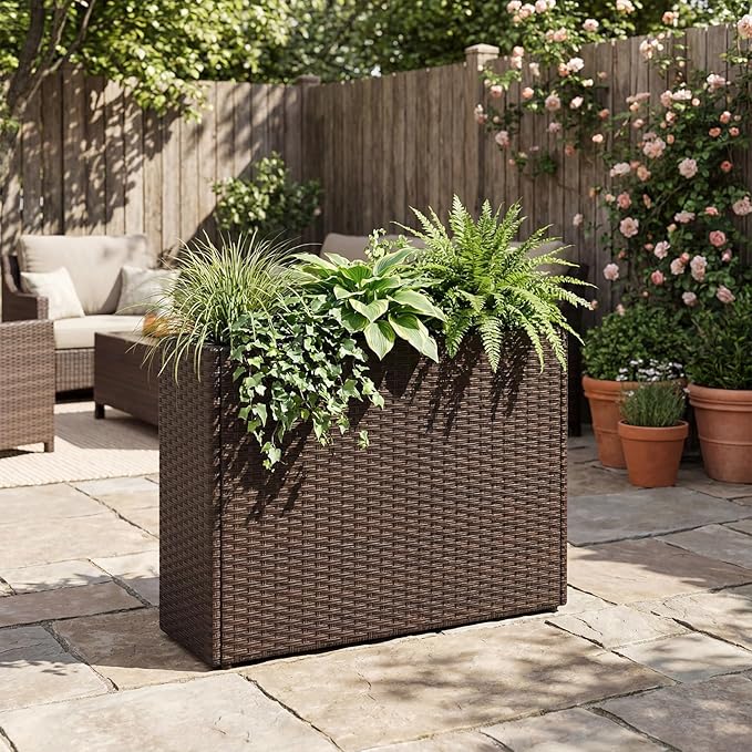 Giantex Set of 2 Wicker Raised Garden Bed, 32”x11”x24”, Rectangular Garden Planter Box w/PE Rattan, Liner Fabric, Wicker Patio Elevated Raised Bed for Vegetable Flower Herb Porch Balcony