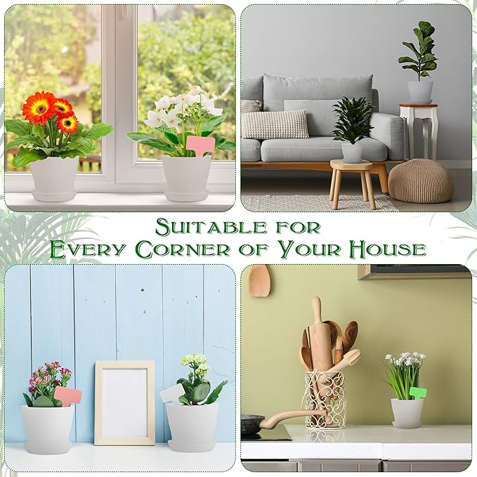 Aodaer 16 Pack 4 Inch Plastic Planters with Multiple Drainage Holes and Tray Indoor Outdoor Flower Plant Nursery Pots with Labels Flower Seedling Pots for Herb Garden Home Succulents, White