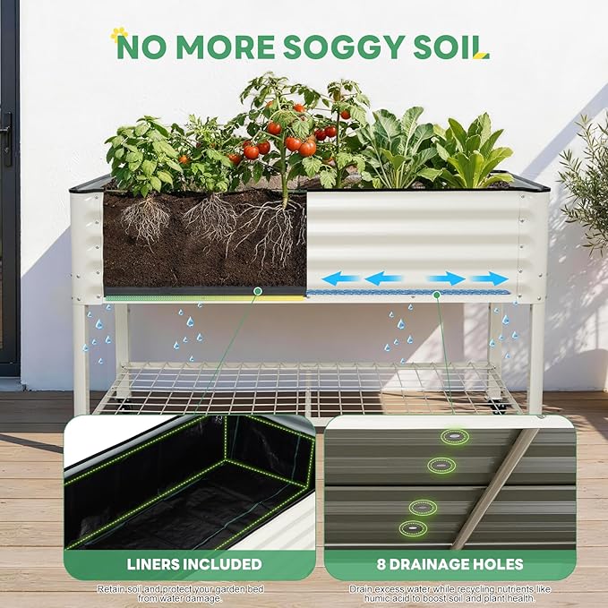 STBoo Elevated Raised Garden Bed with Legs and Wheels- 48''x24''x32'' Galvanized Metal Standing Planter Boxes Outdoor with Bottom Storage Shelf for Backyard, Patio, Balcony, Vegetables, Flowers, White