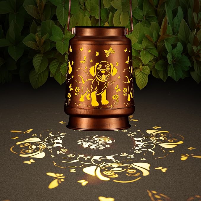 Solar Lantern Outdoor Hanging Waterproof Outside Metal Openwork Hummingbird Pattern Birthday Gifts for Women Mom Landscape Lights for Porch Garden Yard Patio Pathway Decor(Dogs and Butterflies)