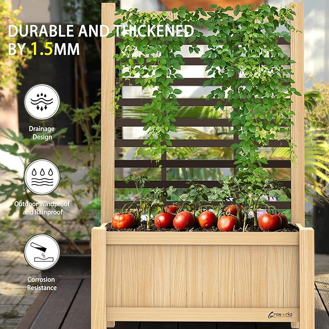 Raised Garden Bed Outdoor, Cedar Wooden Planter Boxes with Trellis, 17.7”L x 16.1”W x 27.6”H Raised Planter Box with Legs for Backyard, Patio, Balcony with Bed Liner (Natural)