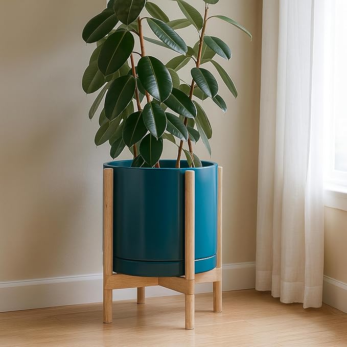 D'vine Dev Ceramic Planter with Natural Stand - 14 Inch Modern Round Flower Pot with Wood Planter Holder, Teal, 55-B-R-4