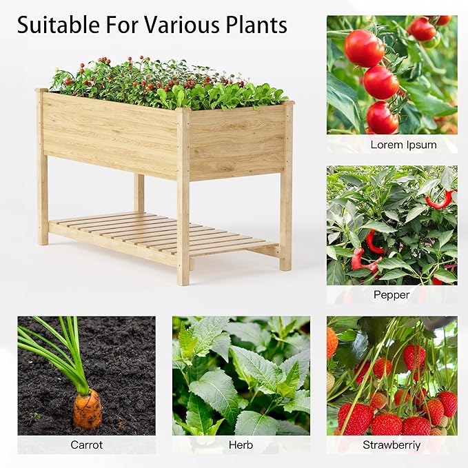 Kullavik 4 pcs Raised Garden Bed with Legs,Outdoor Elevated Cedar Wood Planter Box with Storage Shelf for Vegetables/Flowers/Herbs in Balcony/Backyard/Patio,220lb Capacity-Natural