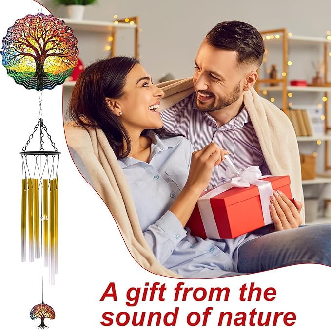 Windchimes with Tree of Life Wind Spinners Gift, Metal 3D Wind Spinner Hanging Wind Chimes Decor for Yard Outdoor, Home Garden Ornaments Gifts for Mom Women Christmas