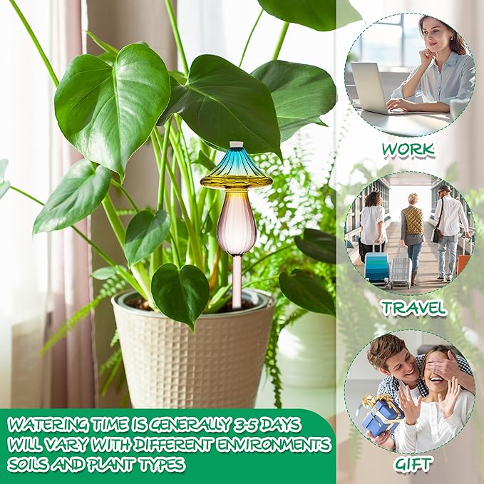 Plant Watering Globes, Rainbow Gradient Color Mushroom Plant Watering Devices, Self Watering Globes,Self Watering Planter Insert - Watering Bulbs for Indoor Plants for Travel Vacation (4 PCS)