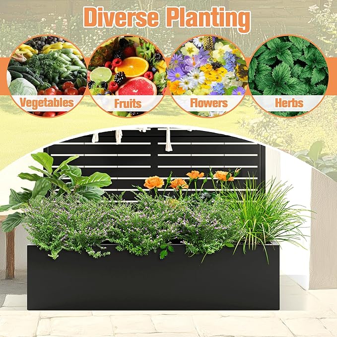 Metal Planter Box with Trellis & Wheels, Raised Garden Bed with Privacy Screen, Outdoor Standing Flower Beds with Drainage Hole for Climbing Plants, Vine, 47" Lx16 Wx71 H, Black-Louvered