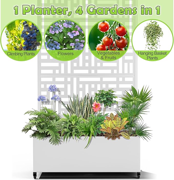 15.7"×70.9"×35.4" Metal Raised Garden Bed with Trellis and Wheels - Tall Trellis Planter Box for Climbing Plants, Vegetables & Vines - Outdoor Privacy Planters for Patio (White-Helen)