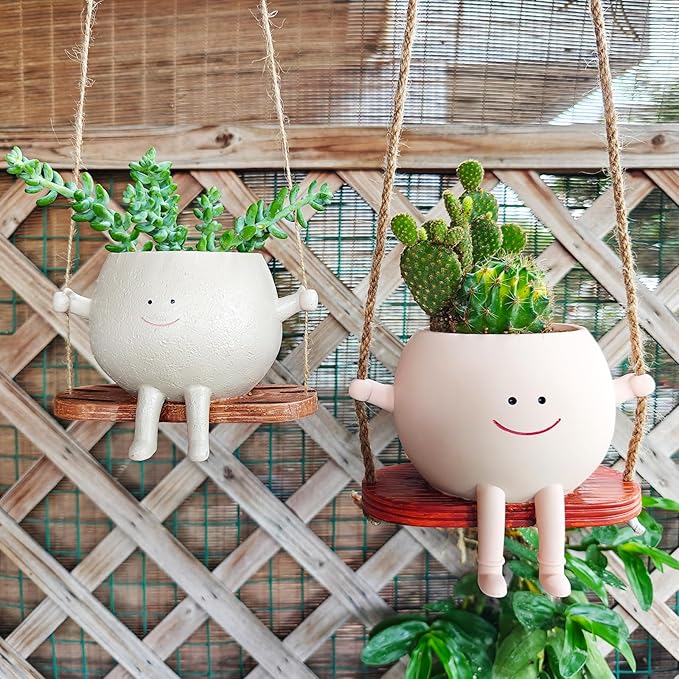 Swing Face Planter Pot with Drainage Holes, Cute Succulent Hanging Planter for Indoor Outdoor Plants, for Plant Lovers and Mothers