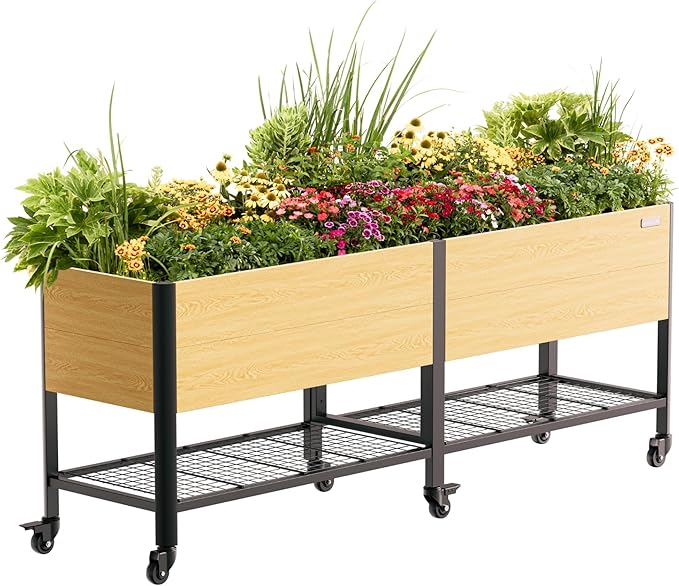 Rolling Elevated Garden Bed, 2' x 8' Metal Woodgrain Elevated Outdoor Planters Boxes with Legs & Storage Rack for Patio, 1800 lbs Weight Capacity, Raised Beds for Gardening Herb Flowers Vegetables