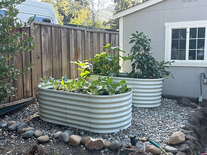 A ANLEOLIFE 6X3X2 ft Galvanized Raised Garden Beds Outdoor-2 Pack, Oval Large Metal Deep Root Planter Box for Planting Vegetables Flowers Herb, Anti-Rust & Easy-Setup, Antique White