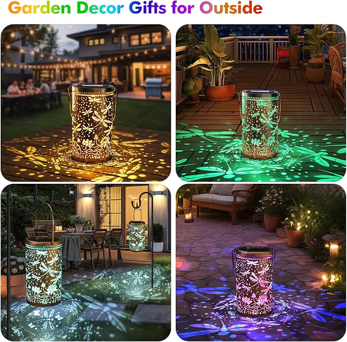 Fabuday Dragonfly Lotus Outdoor Solar Lantern Waterproof - Hanging Solar Power 8 Color Light Led for Outside, Garden Decor for Patio, Porch, Balcony, Yard and Deck, Gardening Gifts for Women Mom