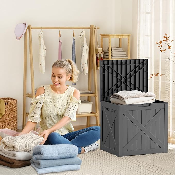 32 Gallon Waterproof Outdoor Storage Box, UV Resistant Resin Deck Box with Hydraulic Rod for Reinforced Stability, Perfect for Patio, Garden, and Pool（Black，32 Gallon）