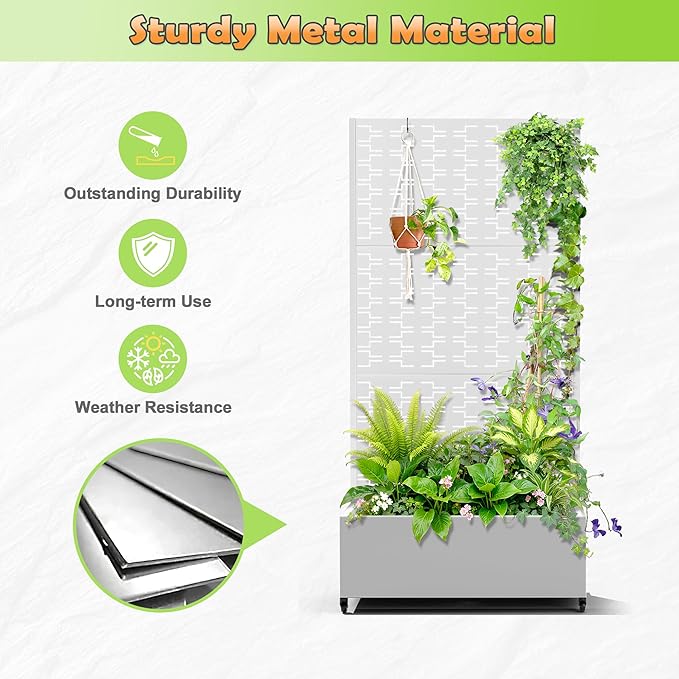 Metal Raised Garden Bed with Trellis, 2-in-1 Planter Box & Privacy Screen for Climbing Plants, Outdoor Standing Flower Bed with Drainage Holes, 35.4" L x 15.7" W x 70.1" H, White-Brick