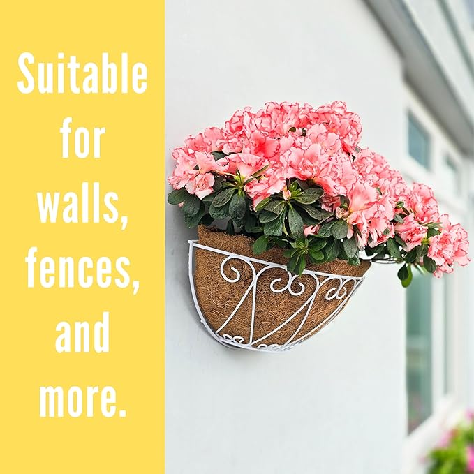 LaLaGreen Outdoor Wall Planters (2 Pack, 12 Inch) White Metal Wall Mounted Hanging Basket with Coco Liner, Flower Pot Plant Holder Semi-Circle Planter for Fence Railing Deck Porch Balcony Garden Decor