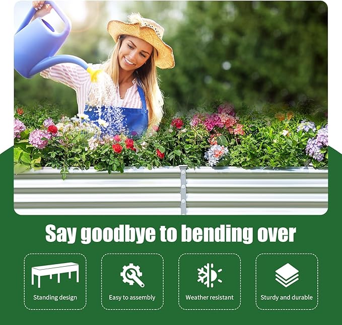 Land Guard Galvanized Raised Garden Bed with Legs, 96×24×32in Raised Garden Beds Outdoor with Drainage Holes, Planter Boxes Outdoor for Backyard, Patio, Balcony, 1200lb Capacity, Silver