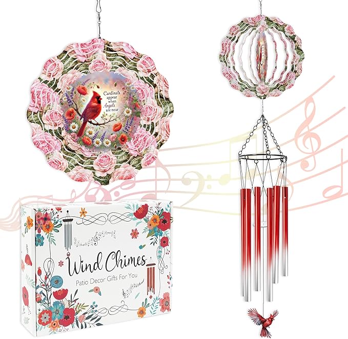 Red Cardinal Wind Chimes for Outside, 3D Wind Chimes with Wind Spinner, Outdoors Hanging Decor for Garden Porch Patio Backyard, Mothers Day Birthday Gifts for Women Mom Grandma