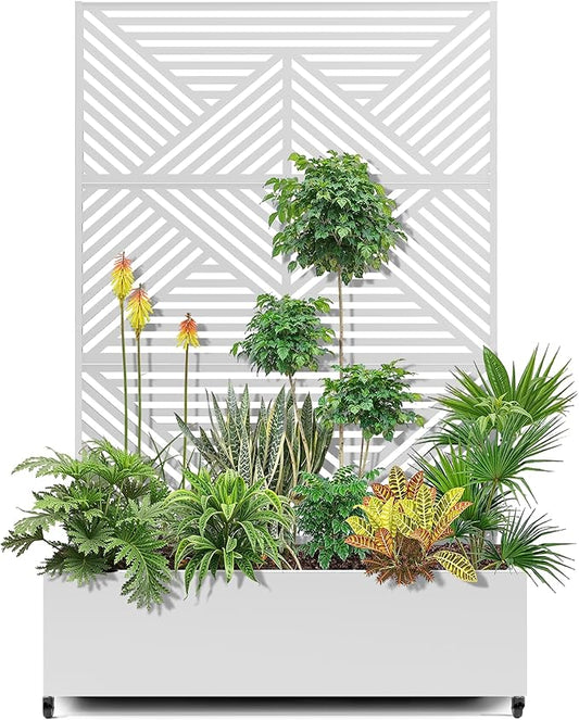 15.7"×70.9"×47.2" Metal Raised Garden Bed with Trellis and Wheels - Tall Trellis Planter Box for Climbing Plants, Vegetables & Vines - Outdoor Privacy Planters for Patio (White-Zodiac)