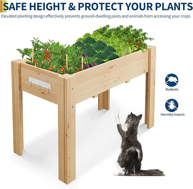 GarveeLife 47x30x22 Inch Raised Garden Bed with Legs & Hooks – Elevated Wood Planter Box Stand (4x2.5x1.8 Ft) for Vegetables & Herbs – Outdoor Patio & Backyard Planter with Non-Woven Liner