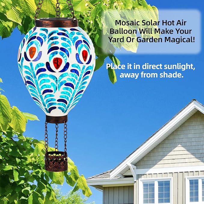 VOREEN Hot Air Balloon Solar Lantern, Handmade Mosaic Solar Outdoor Hanging Wind Light, Waterproof, Patio Festive Decor, Gift for Mom Wife Friend, Peacock Feather Design