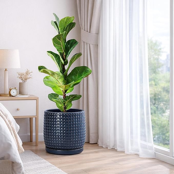 D'vine Dev 10 Inch Ceramic Beaded Stoneware Planter Pot - Flower Pot with Drainage Holes and Saucers for Indoor Succulent Plants or Flowers, Midnight Blue, 27-C-P-3