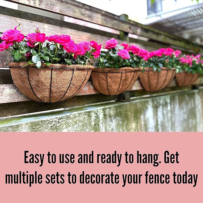 LaLaGreen Wall Hanging Planters for Plants (6 Pack, 12 Inch) Wall Mounted Flower Baskets with Coco Liner, Black Metal Iron Wire Plant Holder for Outdoor Fence Railing Outside Deck Porch Balcony Garden