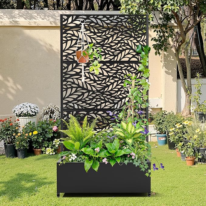 Metal Raised Garden Bed with Trellis, 2-in-1 Planter Box & Privacy Screen for Climbing Plants, Outdoor Standing Flower Bed with Drainage Holes, 35.4" L x 15.7" W x 70.1" H, Black-Spring