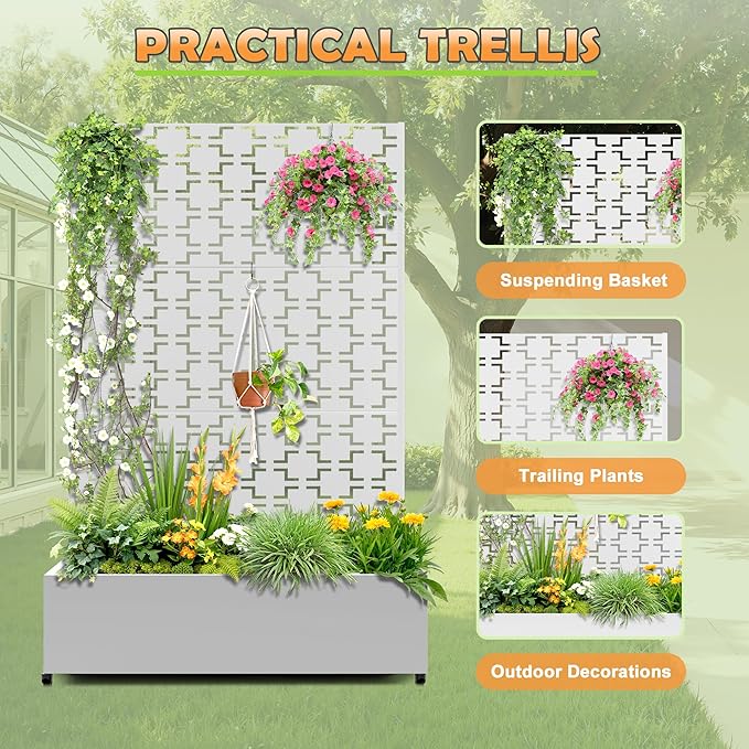Metal Raised Garden Bed with Trellis, 2-in-1 Planter Box & Privacy Screen for Climbing Plants, Outdoor Standing Flower Bed with Drainage Holes, 47.2" L x 16.7" W x 70.8" H, White-Square