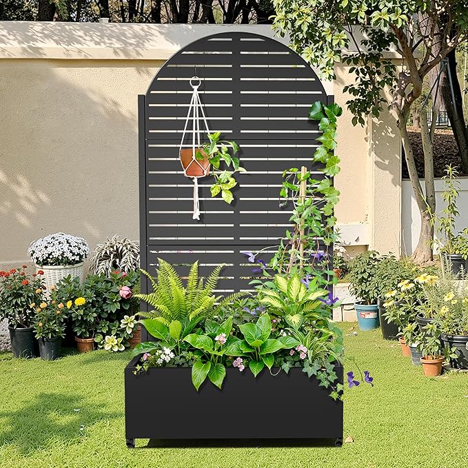 Metal Raised Garden Bed with Trellis, 2-in-1 Planter Box & Privacy Screen for Climbing Plants, Outdoor Standing Flower Bed with Drainage Holes, 35.4" L x 15.7" W x 70.1" H, Black-Louvered