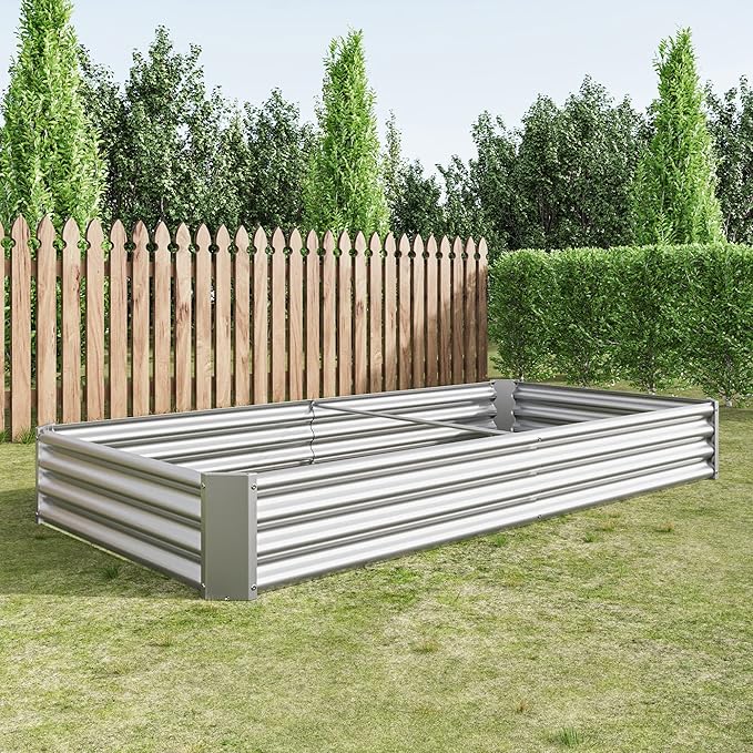 8x4x1ft Raised Garden Bed, Outdoor Galvanized Raised Garden Beds, Metal Raised Beds for Gardening Vegetables Fruits and Flowers, Easy Assembly, 202 Gallon Capacity - Silver