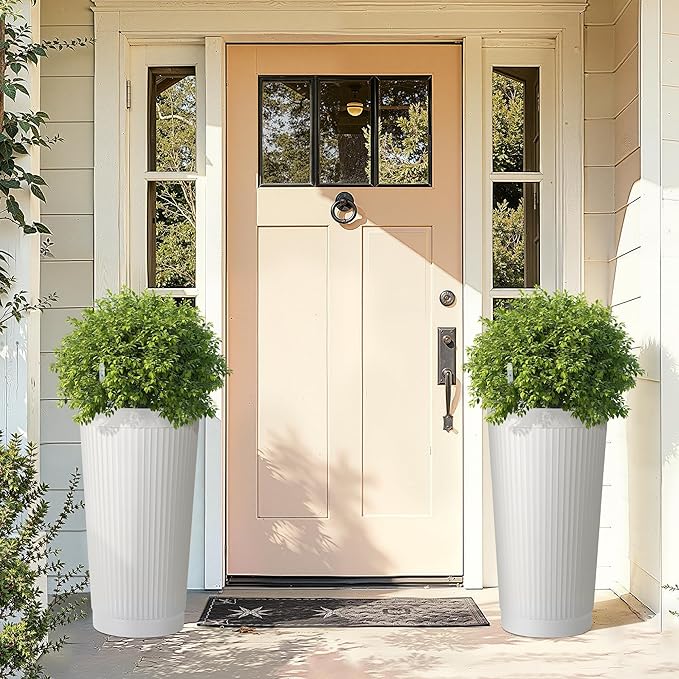 Set of 2 Tall Self-Watering Planters, 24" Large Planters with Water Level Indicator for Indoor & Outdoor Plants, Modern Planters for Garden, Patio, Balcony, Porch, White