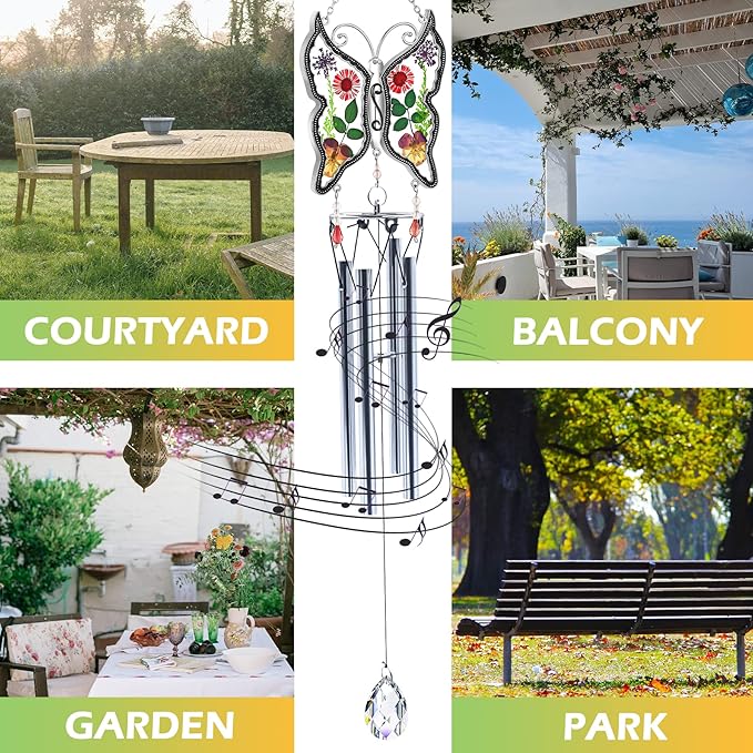 KY&BOSAM Big Butterfly Wind Chime with Crystal Sympathy Wind Spinner Memorial Wind Chime for Loss of Loved One Prime Bereavement Sympathy Memorial Gift for Loss of Mother Father Gift Home Garden Decor