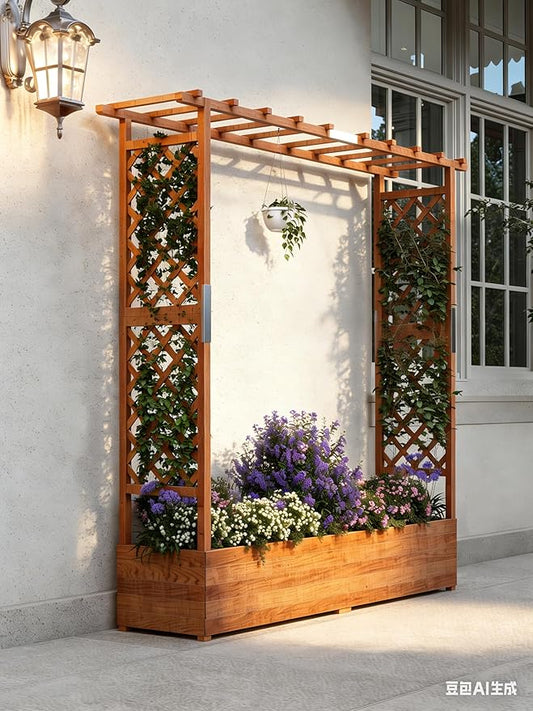 Raised Garden Bed with Trellis and Hanging Roof, Wooden Planter Box with Side Supports and Drainage, Freestanding Elevated Planter for Climbing Plants, Vines, and Flowers, 79x17x72Ft