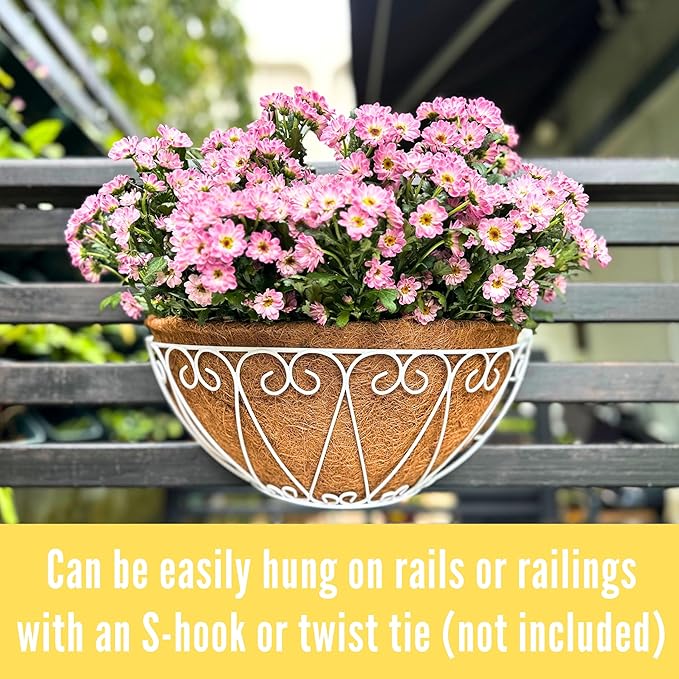 LaLaGreen Outdoor Wall Planters (2 Pack, 12 Inch) White Metal Wall Mounted Hanging Basket with Coco Liner, Flower Pot Plant Holder Semi-Circle Planter for Fence Railing Deck Porch Balcony Garden Decor