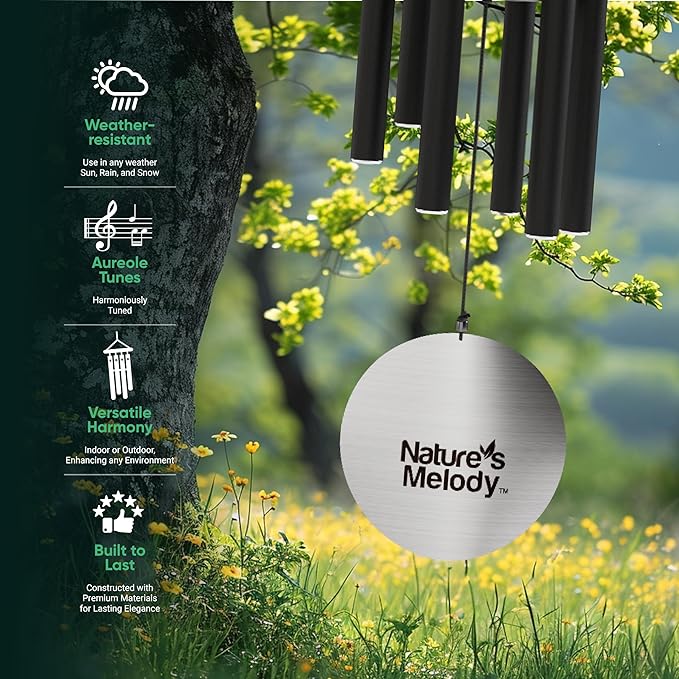 Nature’s Melody Aureole Tunes Wind Chimes – Outdoor Windchime with 6 Tubes Tuned to E Pentatonic Scale, 100% Rustproof Aluminum, Powder Finish & S Hook Hanger for Sympathy, Memorial Gift or Zen Garden
