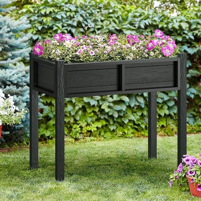 DWVO Raised Garden Bed with Legs All-Weather Elevated Planter Box Outdoor with Drainage System Patio Planters for Herbs Vegetables Flowers Plant Bed for Garden Balcony Backyard, Black