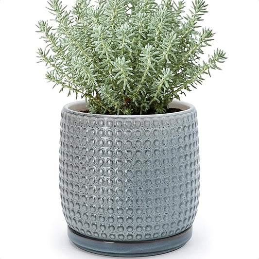 D'vine Dev 8 Inch Ceramic Beaded Stoneware Planter Pot - Flower Pot with Drainage Holes and Saucers for Indoor Succulent Plants or Flowers, Graphite Blue, 27-C-Q-9