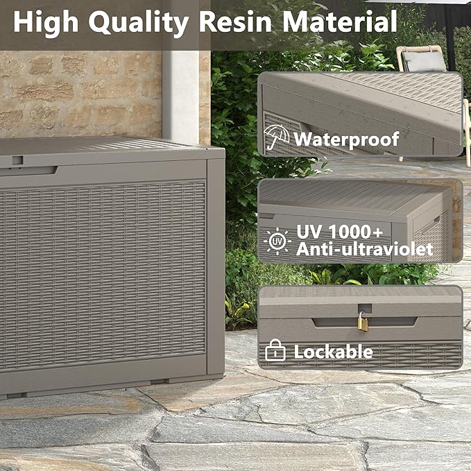 NBYSGO Outdoor Storage Box, Resin Deck Boxes Indoor and outdoor, Waterproof Storage Box Lockable Lid (Grey, 100 Gallon)
