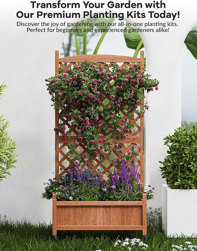 29.5"x26"x61.5" Large Wooden Raised Garden Bed with Trellis & Adjustable Wheels - Planter Box with Drainage Holes for Herbs, Flowers - Portable Indoor/Outdoor Use, 1 PC