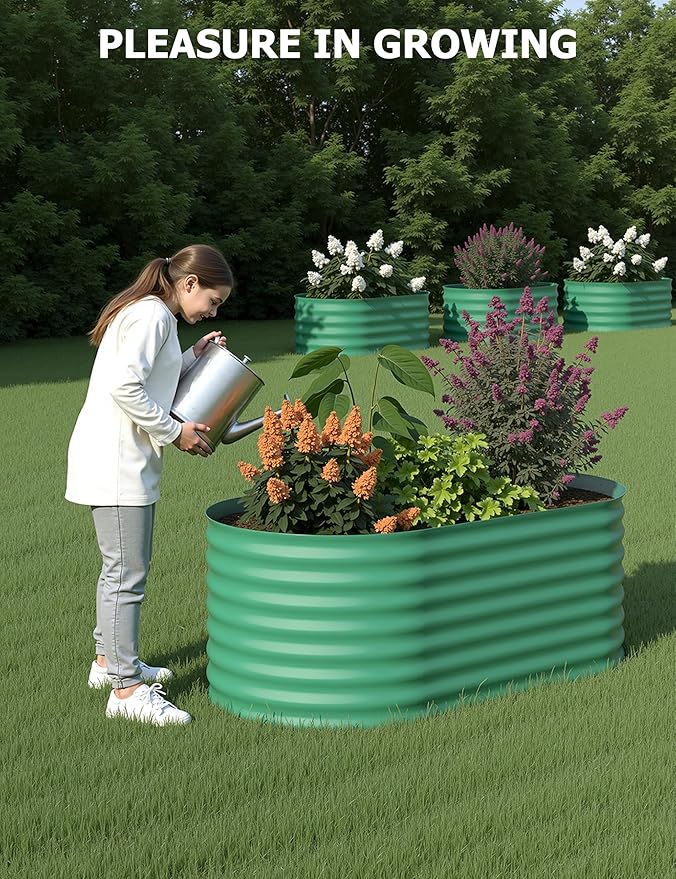 IDEAHOUSE 2-Pack Raised Garden Bed - Heavy-Duty Galvanized Steel Outdoor Planter Box for Vegetables, Flowers & Herbs - Rust-Resistant, Easy-Assembly Garden Box, Beige/Green
