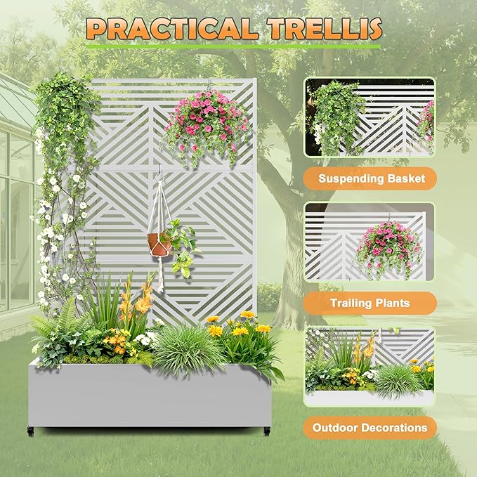 Metal Raised Garden Bed with Trellis, 2-in-1 Planter Box & Privacy Screen for Climbing Plants, Outdoor Standing Flower Bed with Drainage Holes, 47.2" L x 16.7" W x 70.8" H, White-Zodiac