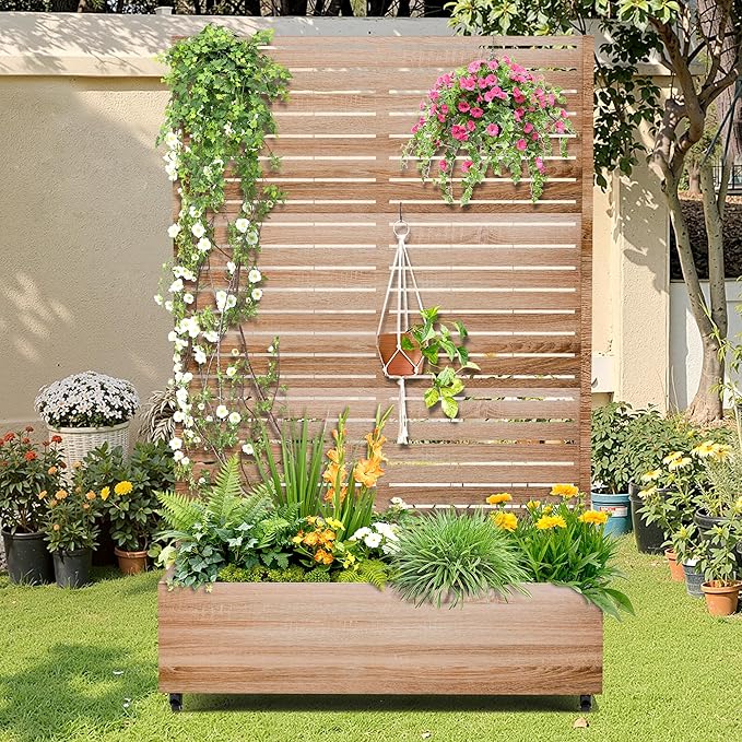 Metal Raised Garden Bed with Trellis, 2-in-1 Planter Box & Privacy Screen for Climbing Plants, Outdoor Standing Flower Bed with Drainage Holes, 47.2" L x 16.7" W x 70.8" H, Cut Oak Grain