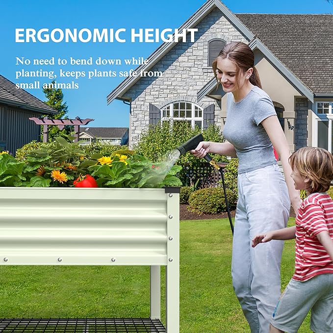 MUPATER 48" L x 24" W x 34" H Galvanized Steel Raised Garden Bed, 507lbs Capacity Large Metal Elevated Raised Planter Box with Rolling Casters & Extra Bottom Shelf for Patio, Balcony, Beige